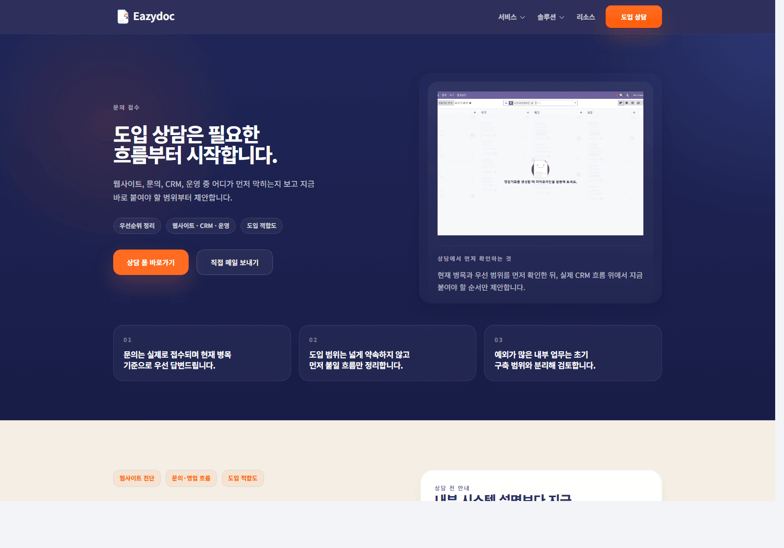 문의 우선순위와 첫 답변 기준이 실제 문의 화면에서 이어지는 Eazydoc 화면