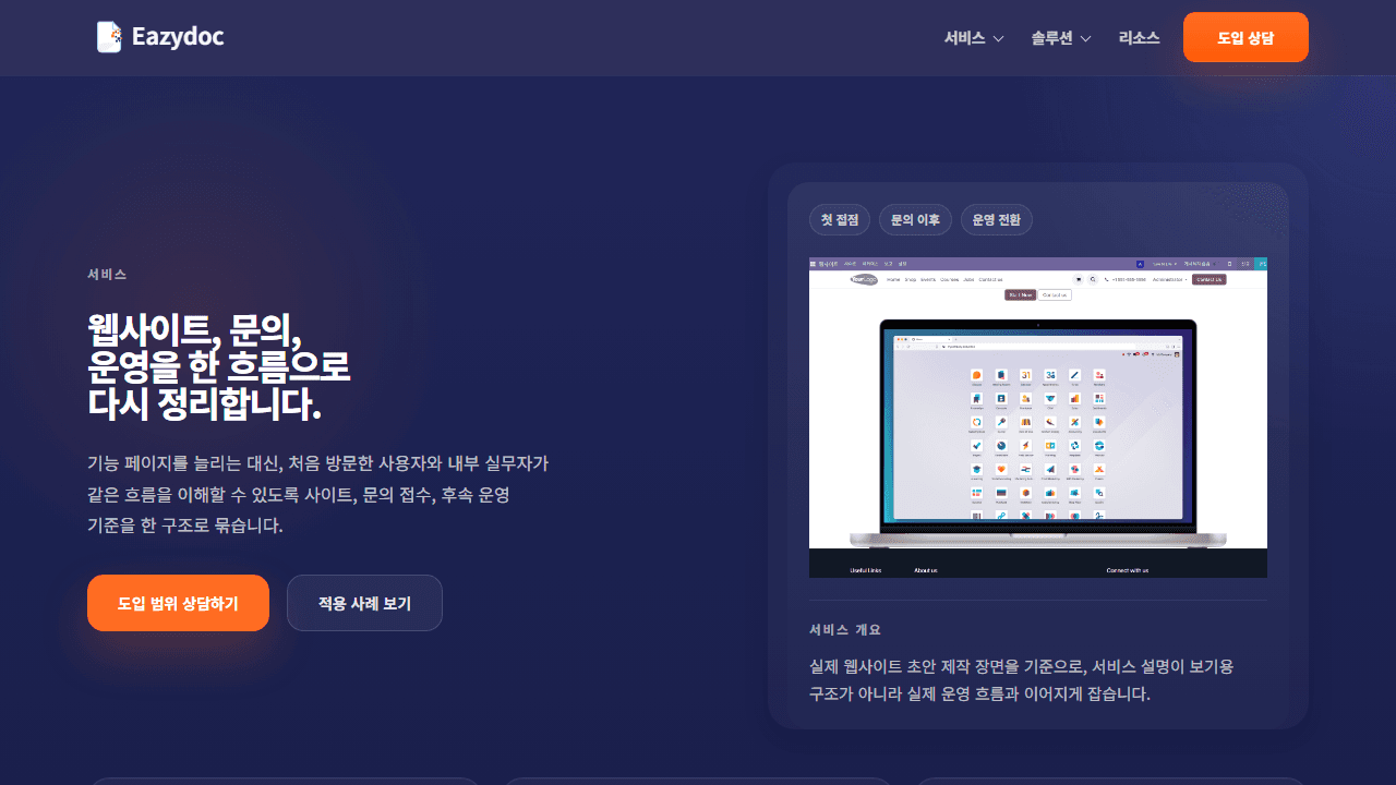 서비스 구조와 문의 기준을 보여주는 실제 Eazydoc 서비스 화면